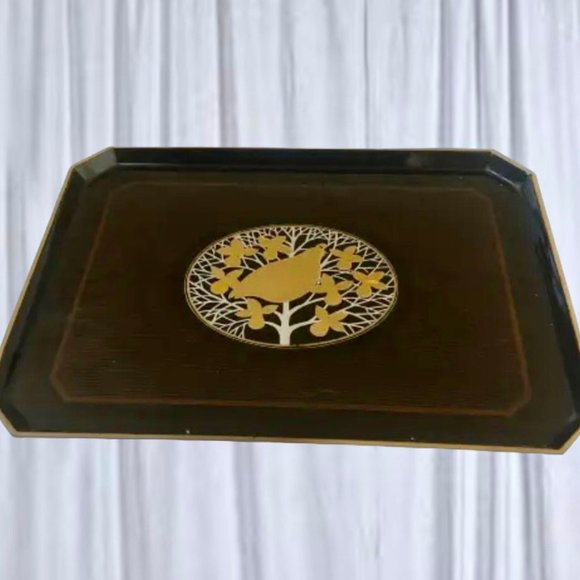 OTAGIRI Japan Vintage Lacquerware Serving Tray Quail Bird Black Brown Gold - Picture 4 of 9